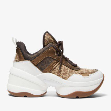 Michael Kors MK Olympia Logo Jacquard and Metallic Leather Trainer – Beige/ebony/brown (43S1OLFS3Y-1237)