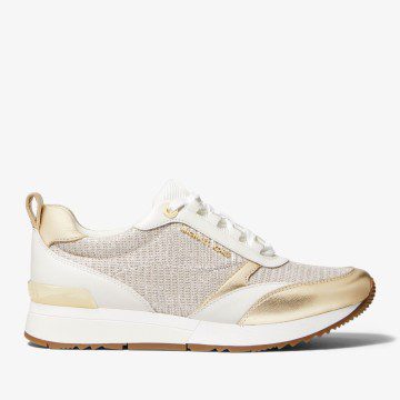 Michael Kors MK Allie Stride Leather and Glitter Chain-Mesh Trainer – Champagne (43S2ALFS3D-0282)