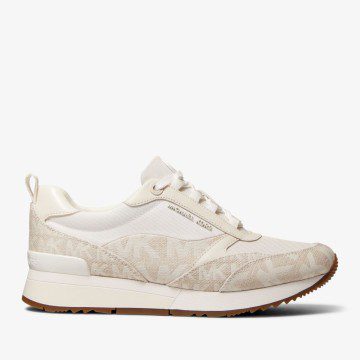 Michael Kors MK Allie Stride Logo Jacquard and Leather Trainer – Natural (43T2ALFS1Y-0121)