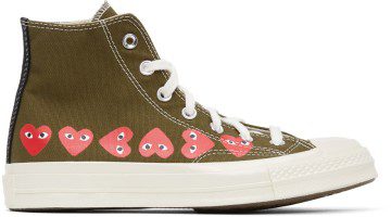 Comme des Garçons Play Khaki Converse Edition Multiple Hearts Chuck 70 High Sneakers (K116)
