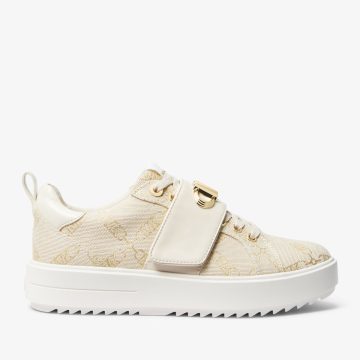 Michael Kors MK Emmett Embellished Metallic Empire Logo Jacquard Trainer – Pale Gold/natural (43S3EMFS2Y-0388)