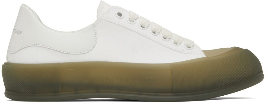 Alexander McQueen White & Khaki Deck Plimsoll Low Sneakers (667819W4MVW)
