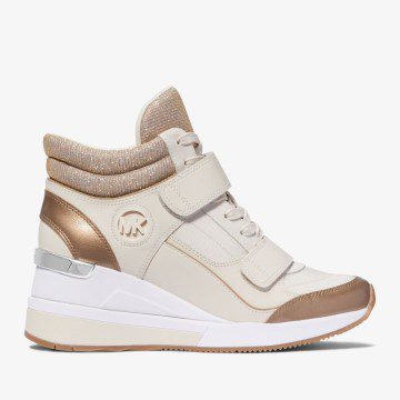 Michael Kors MK Gentry Leather and Glitter Chain Mesh High-Top Wedge Trainer – Camel Combo (43F3GYFE4D-0251)
