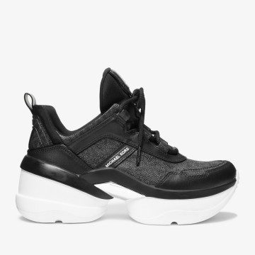 Michael Kors MK Olympia Logo and Leather Trainer – Black (43F3OLFS1B-0001)