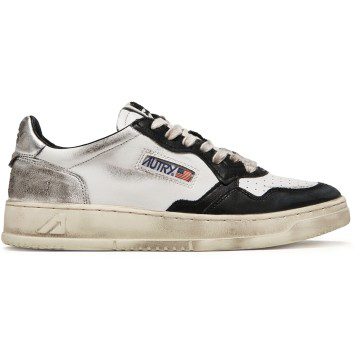 Autry Medalist Leather Low Super Vintage White Black Silver (Women’s) (AVLW-SV11)