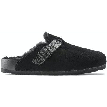 Birkenstock Boston Shearling Suede Reptile Embossed Strap Black (1021009/1021082)