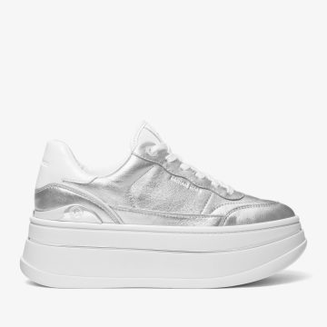 Michael Kors MK Hayes Metallic Leather Platform Trainers – Silver (43S4HYFS1M-0040)